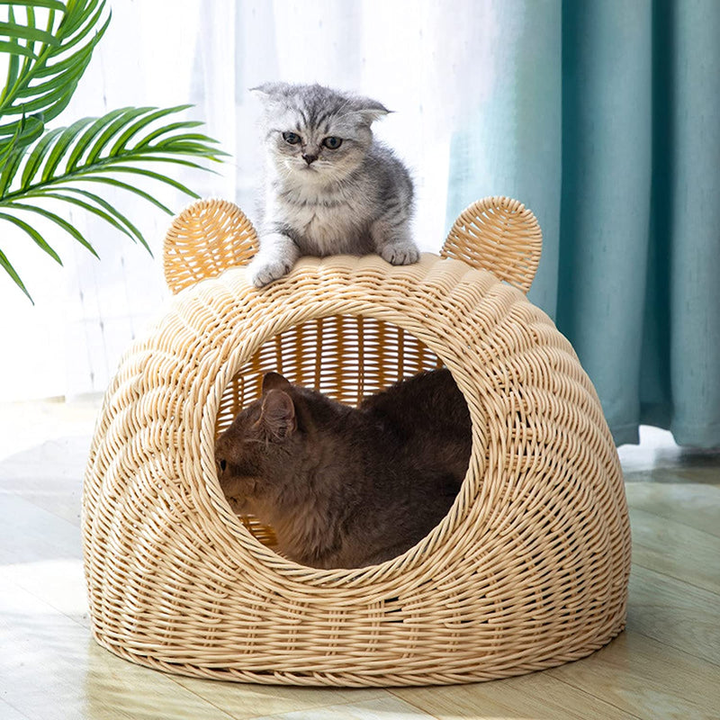 Wicker Pet Bed Nest Semi-Closed Cat Shaped Washable with Cushion Indoor Outdoor Patio