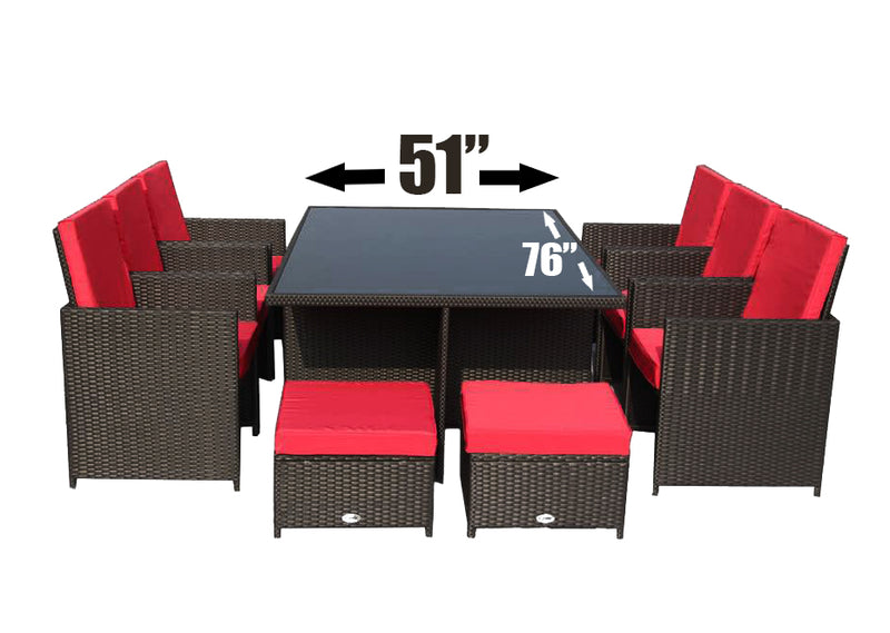 11pcs Brown with Red Cushions Outdoor Dining Patio Furniture Set**