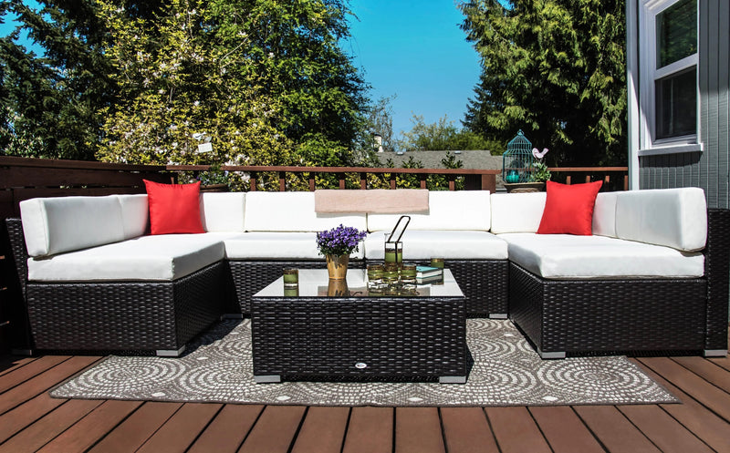 7 Piece Patio Furniture Steel Garden Wicker Sectional Sofa Set with Cushion Patio Outdoor