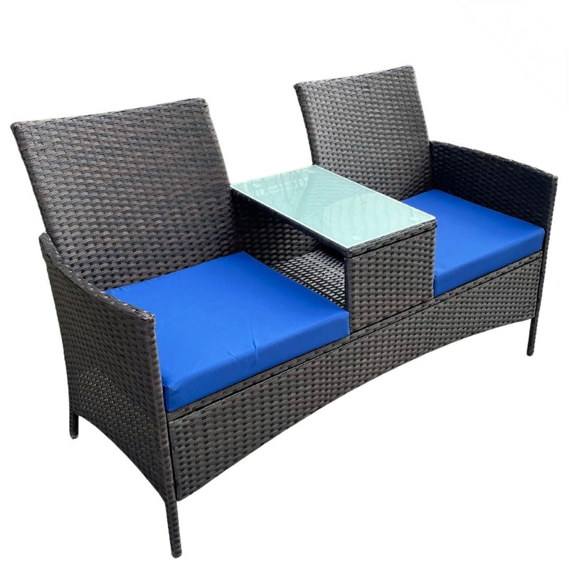 Outdoor Furniture Patio Love Seat with Removable Cushions & Table, Tempered Glass Top, Modern Rattan Sofas Set for Garden Lawn Backyard