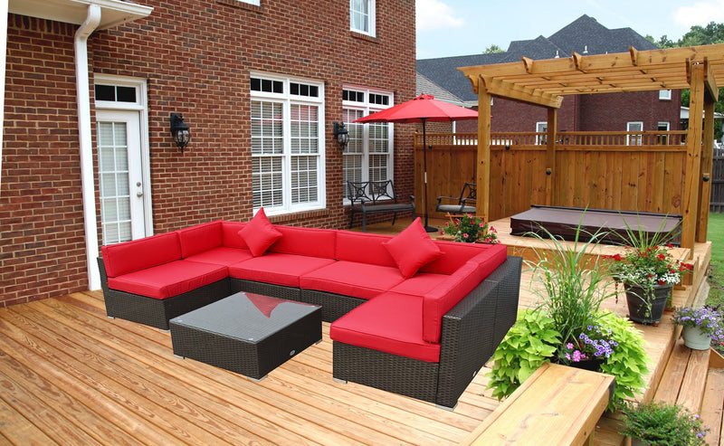 9pcs Brown with Red Cushions Outdoor Dining Patio Furniture Set