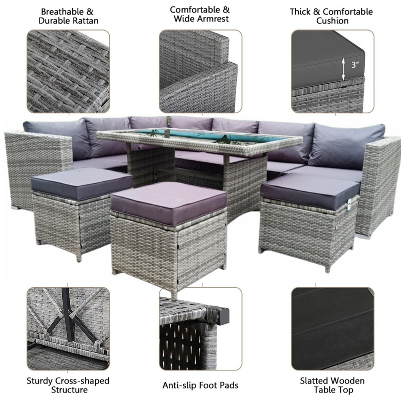 6 Pcs Patio Rattan Dining Furniture Sectional Sofa Set with Wicker Ottoman