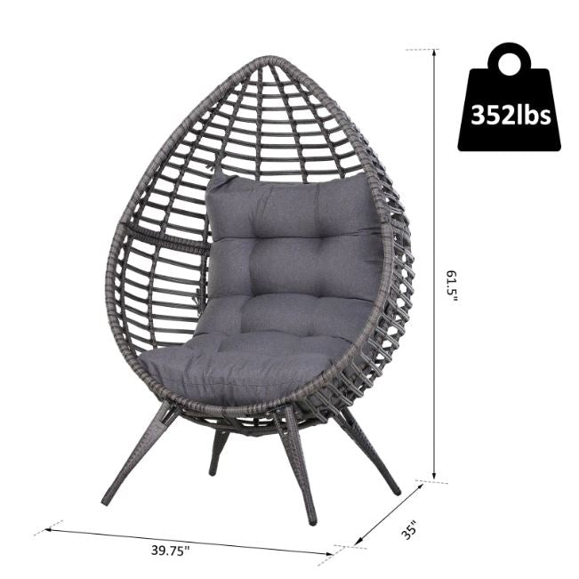Black Teardrop Egg Shaped Plastic Rattan Outdoor Patio Lounge Chair with Grey Cushions