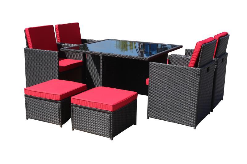 9pcs Brown with Red Cushions Outdoor Dining Patio Furniture Set