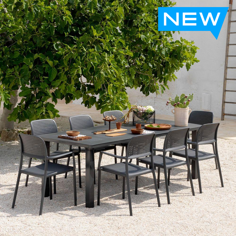 Nardi 9-piece Libeccio 87 in. x 40 in. Patio Dining Table with 8 Bora Armchairs